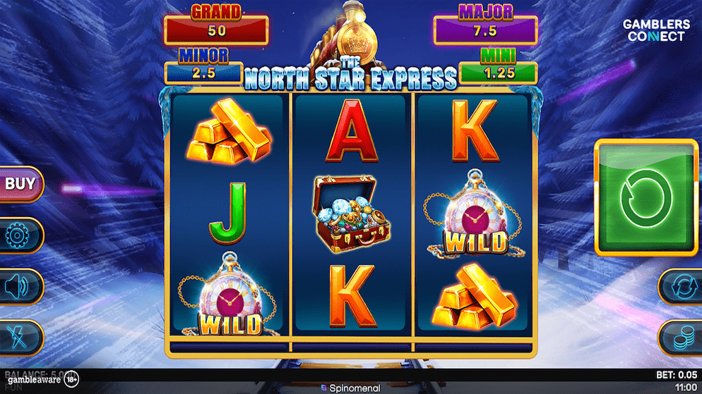 A screenshot of the gameplay interface for The North Star Express, displaying the 3x3 grid with golden pocket watch Wilds and the Bonus Collect feature active during a spin