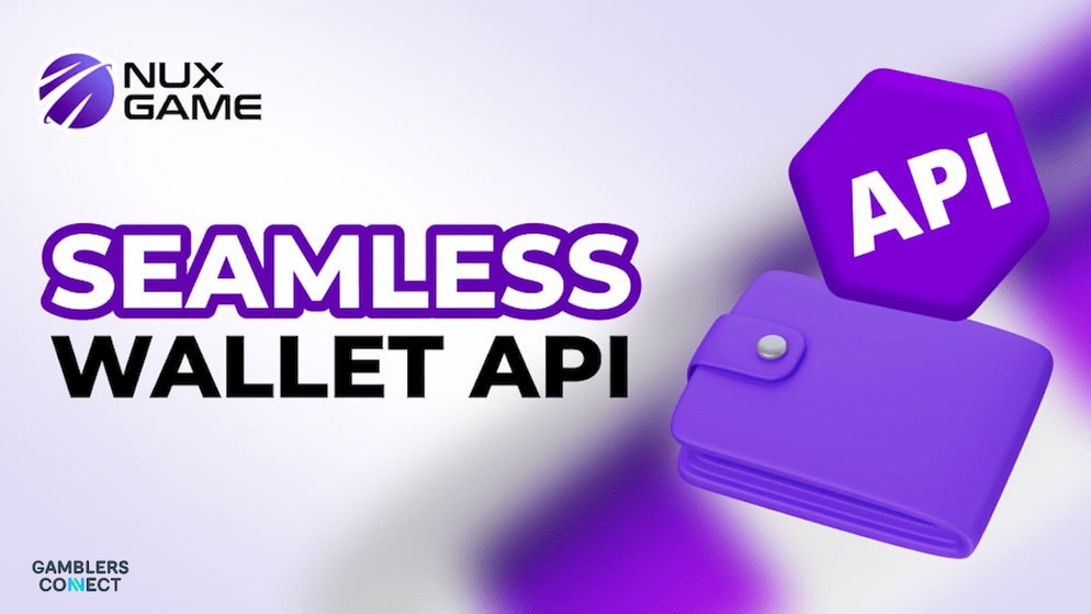 A 3D illustration representing NuxGame's seamless wallet API and sweepstakes software, featuring a purple digital wallet and API icon.