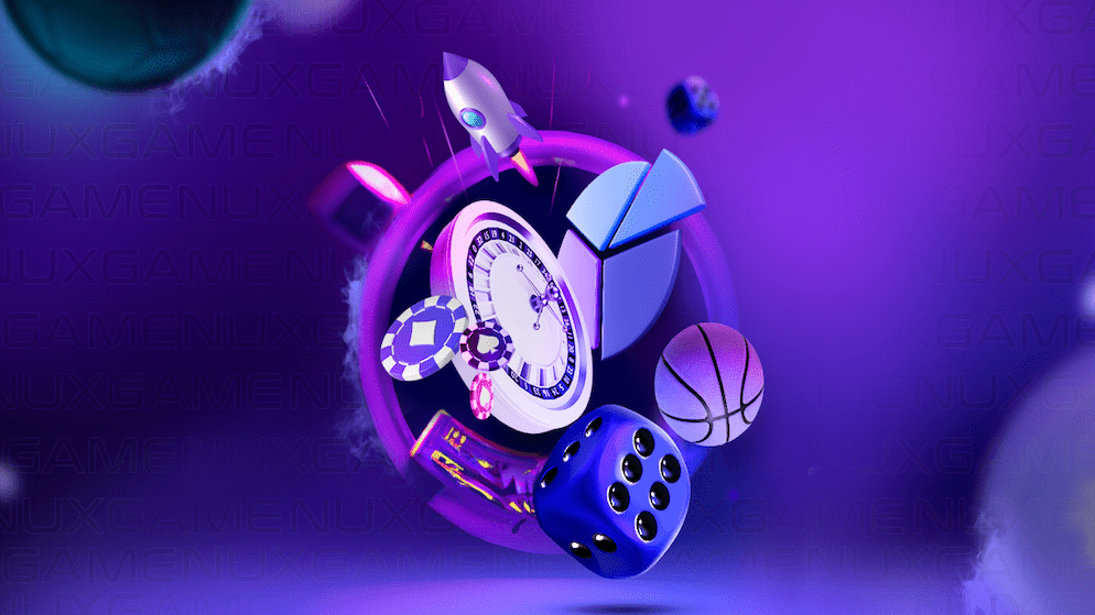 A promotional graphic for NuxGame displaying 3D casino elements like dice, chips, and a roulette wheel, alongside analytics charts, representing their comprehensive iGaming software.