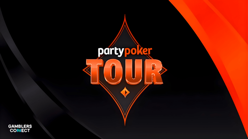 A wide shot of the bustling poker room at the PartyPoker Tour Grand Final, with players seated at multiple branded tables.