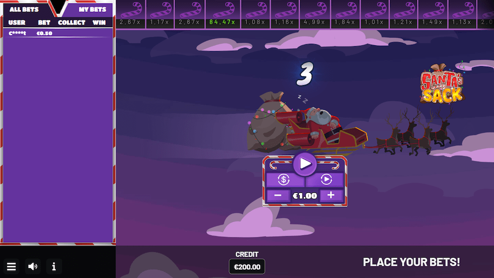 The betting interface for Santa's Sack showing a €1.00 bet and the sack crashing at a 1.58x multiplier.