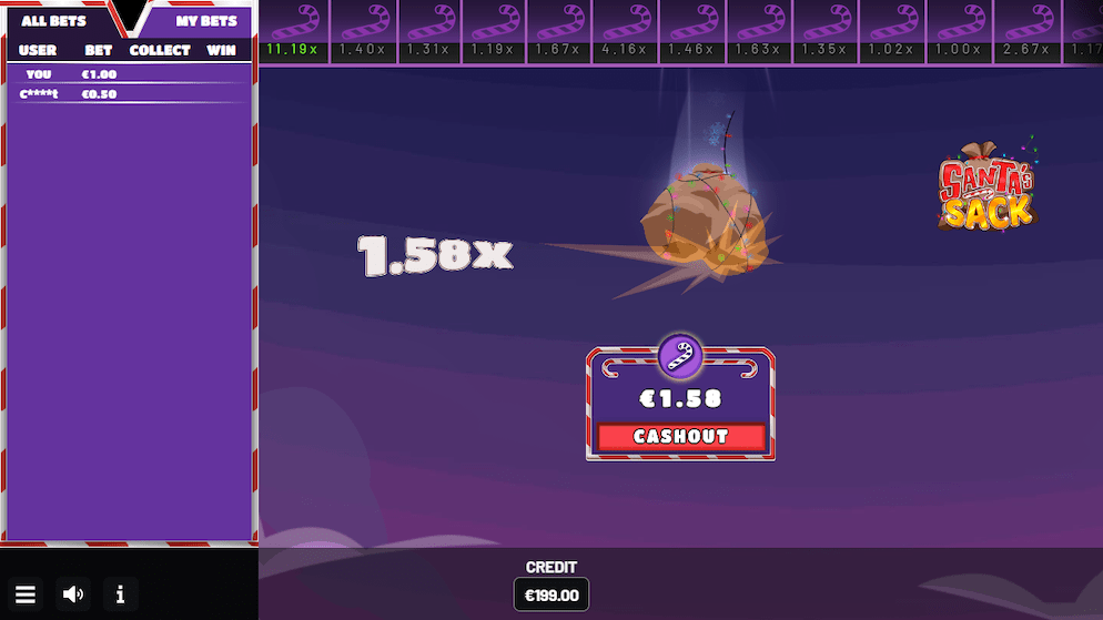 The betting interface for Santa's Sack showing a €1.00 bet and the sack crashing at a 1.58x multiplier.