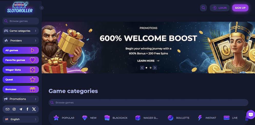 The homepage of Slotoroller Casino featuring a banner for a 600% Welcome Boost and a user-friendly sidebar navigation menu.
