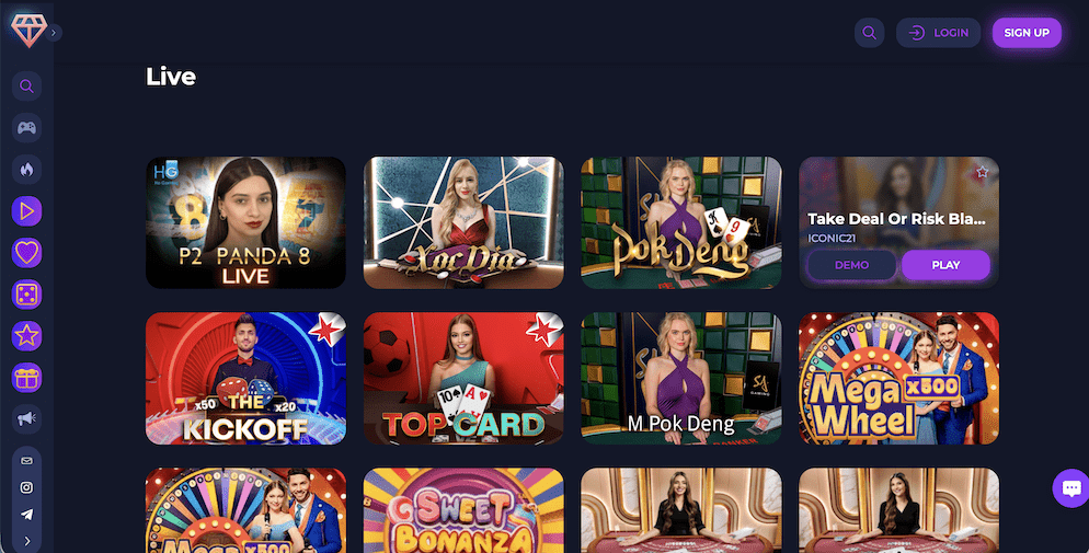 A view of the Live Casino section showing real-time dealer tables for Blackjack, Roulette, and Baccarat from premium providers.