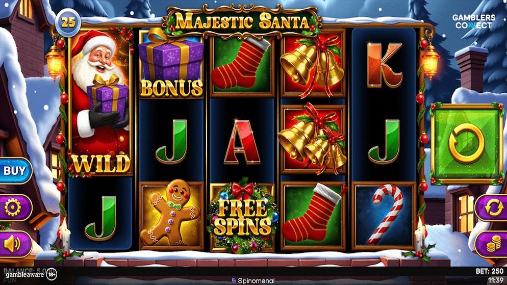 A festive Christmas-themed online slot game by Spinomenal called "Majestic Santa", featuring Santa Claus, gifts, and holiday symbols on a 5x3 reel grid.