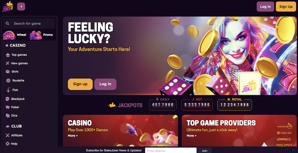 The vibrant homepage banner of StakeJoker Casino featuring a female character, dice, and coins, inviting players to start their gambling adventure.