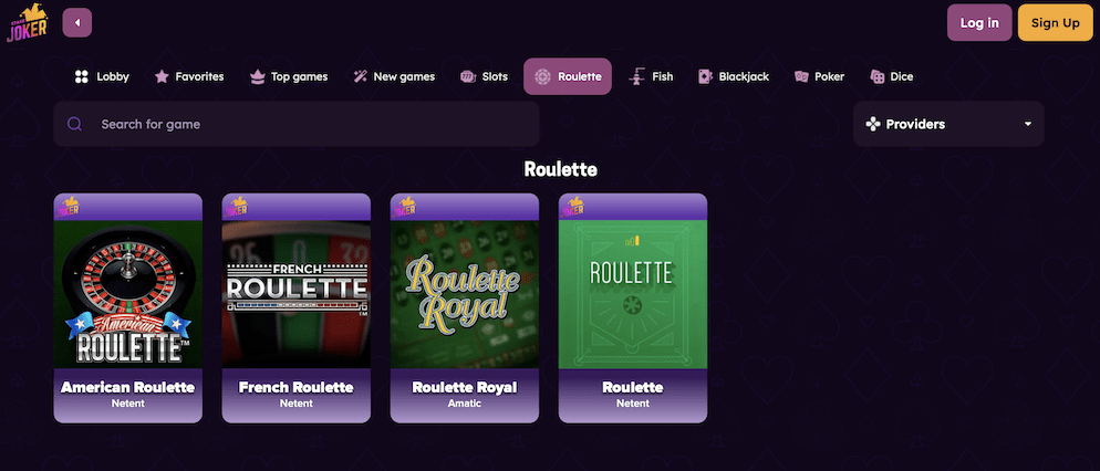 StakeJoker Casino's roulette section showing different game variations such as American Roulette, French Roulette, and Roulette Royal.