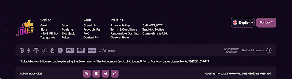 The footer section of the StakeJoker Casino website, showing accepted payment methods like Bitcoin, Visa, and PayPal, alongside its Anjouan gaming license information.