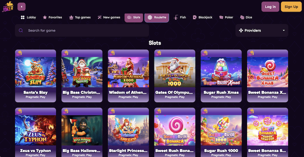 The StakeJoker Casino game lobby displaying a wide variety of online slots, including popular Christmas-themed titles from Pragmatic Play.