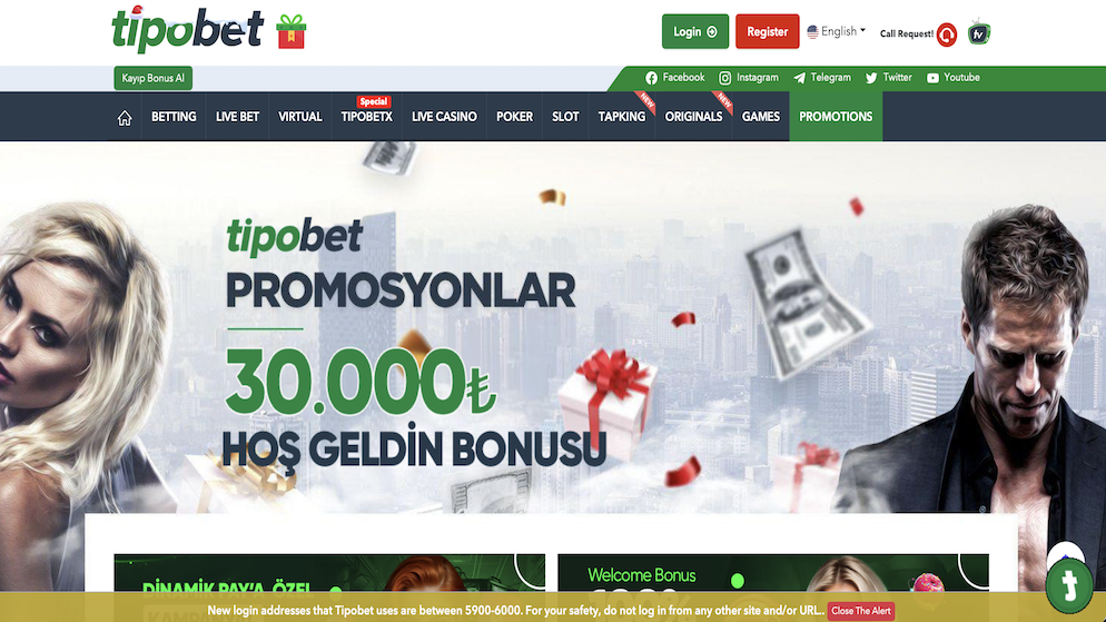 The homepage of TIpobet the guide depicting bonuses, games, and promotions banners