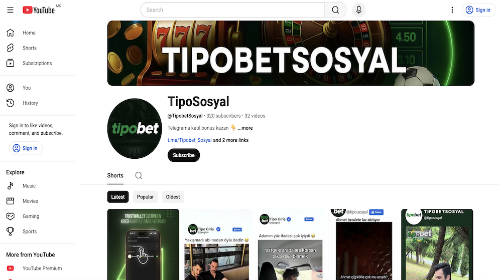 Screenshot of the Tipobet official YouTube channel, "TipoSosyal", with 320 subscribers and 32 videos. The channel banner features a casino roulette wheel and the text "TIPOBETSOSYAL", with a link to their Telegram channel and other social media links.