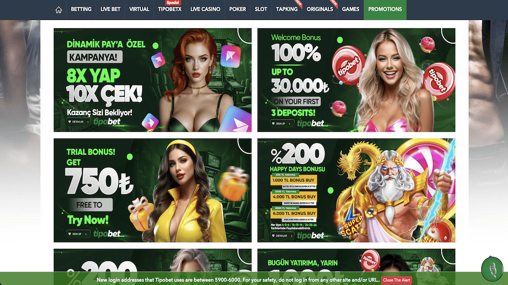 Screenshot of the Tipobet promotions page, showcasing various offers like a "100% Welcome Bonus up to 30.000 TL", a "750 TL Free Trial Bonus", and other campaigns with different characters and graphics. The website's navigation and a login address alert in the footer are included.