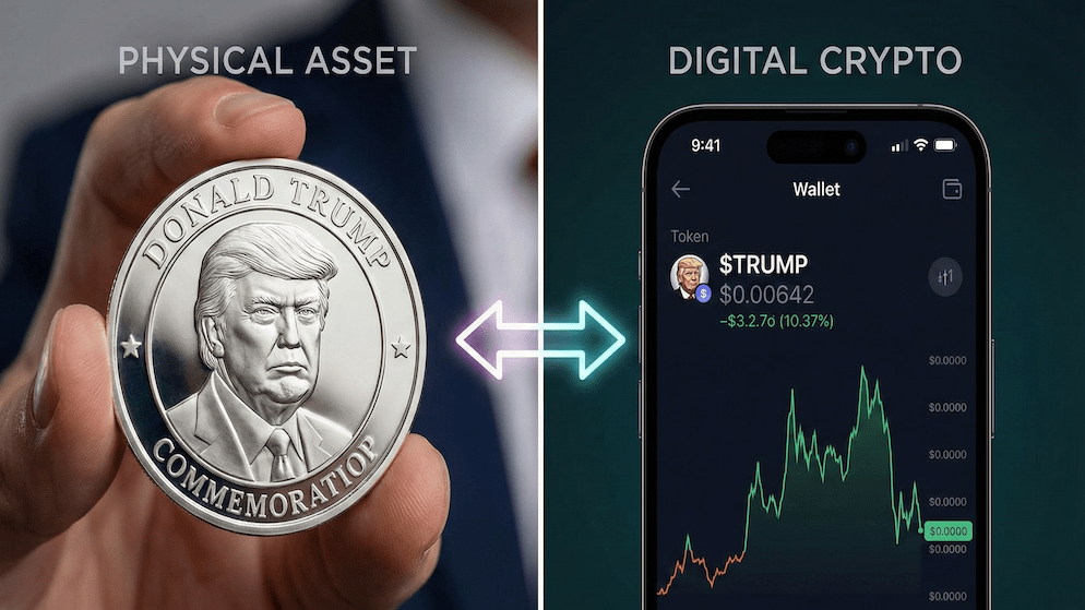 A split-screen comparison showing a hand holding a physical silver Trump coin on the left and a smartphone displaying a Trump cryptocurrency chart on the right, illustrating the difference between tangible and digital assets.
