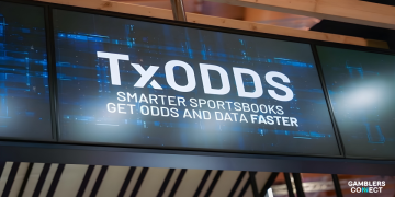 A digital technology illustration showing the TxODDS data stream merging with the gameplAI automation stack, set against a background of a basketball court diagram.