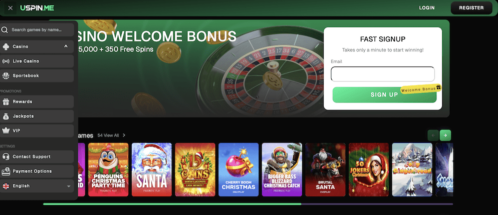 The Uspin.me Casino homepage displaying a "Casino Welcome Bonus" banner of 450% up to €5,000 + 350 Free Spins and a fast signup form.
