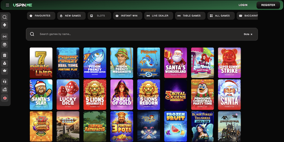 A view of the slots category at Uspin.me featuring popular games like "Fishin' Frenzy," "Santa's Wonderland," and "5 Lions Megaways."