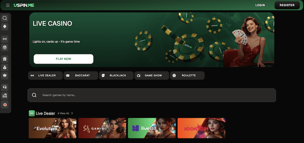 The Live Casino section at Uspin.me showing a green banner and game lobbies for Evolution Gaming, SA Gaming, Iconic21, and Live88.