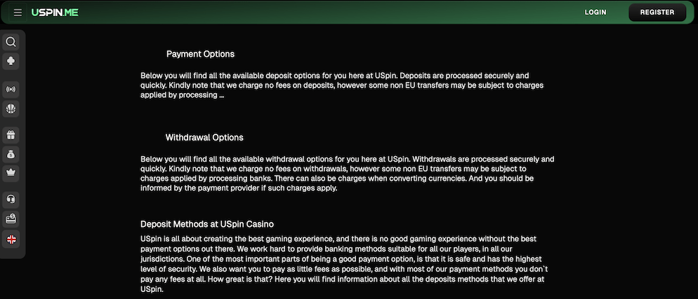 The payment options text on the Uspin.me site explaining that deposits and withdrawals are processed securely with no fees charged by the casino.