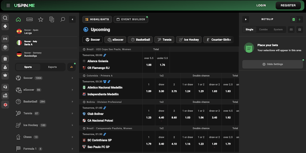 The live sports betting dashboard at Uspin.me displaying real-time odds for soccer matches in the ASEAN Club Championship and other leagues.