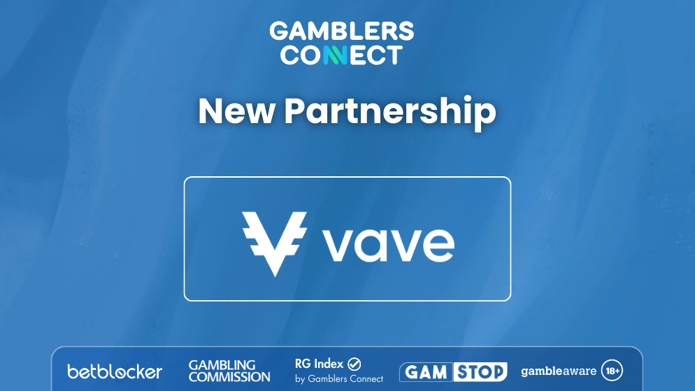 A blue announcement banner showing the logos of "Gamblers Connect" and "Vave Casino" with the text "New Partnership."