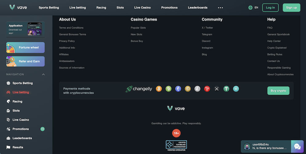 The footer of the Vave website listing supported cryptocurrencies like Bitcoin and Ethereum, alongside links to support, FAQ, and responsible gaming resources.