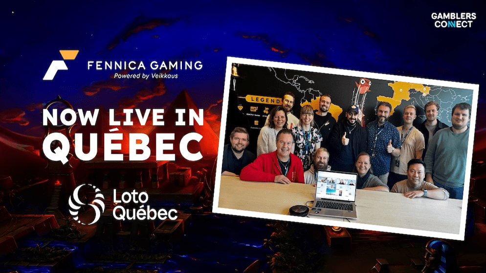 A group photo of the Fennica Gaming team smiling and giving thumbs up, displayed within a branded graphic announcing the new partnership with Loto-Québec.