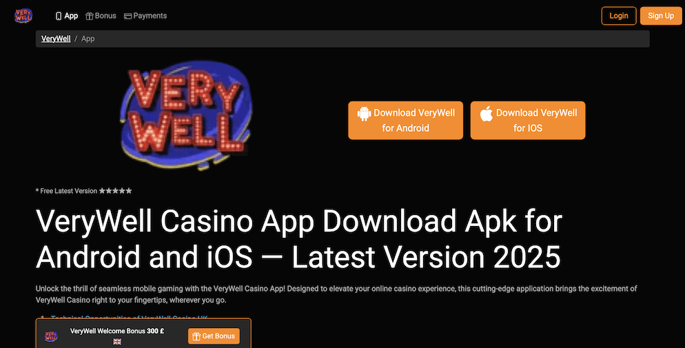 A download page for the VeryWell Casino mobile app, showing buttons to "Download VeryWell for Android" and "Download VeryWell for iOS," alongside a 5-star rating.