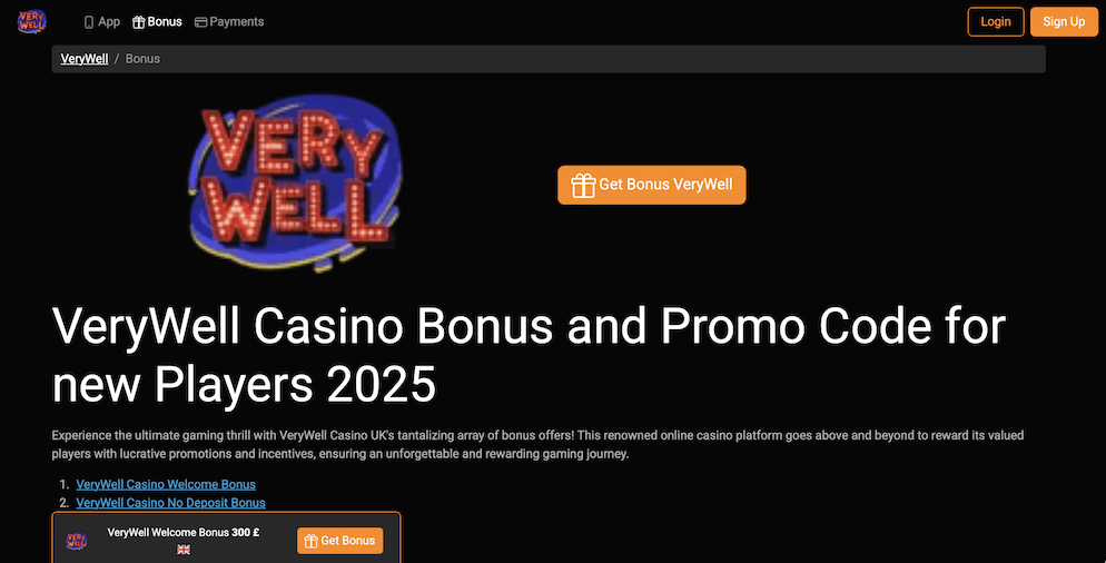 A webpage graphic for VeryWell Casino detailing bonuses and promo codes for new players in 2025, featuring a "Get Bonus VeryWell" button and links to welcome and no-deposit offers.