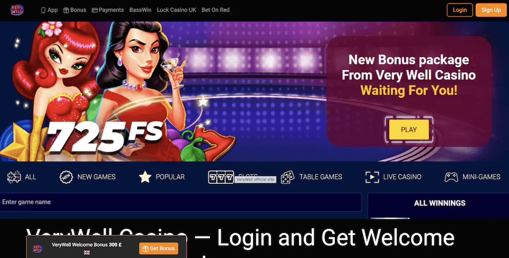 The official homepage of VeryWell Casino, displaying a large banner for a 725 free spins bonus, navigation links for slots and live casino, and a "Sign Up" button.