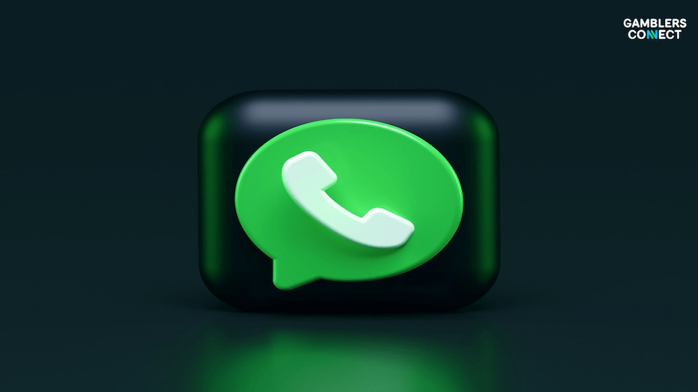 The WhatsApp icon on a blue background, featuring the Gamblers Connect logo, used to illustrate news and articles about WhatsApp's role in online gambling.