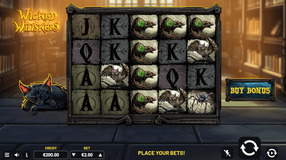 Base game view of the Wicked Whiskers slot machine with the sleeping black cat character and the 'Buy Bonus' button visible on the right.