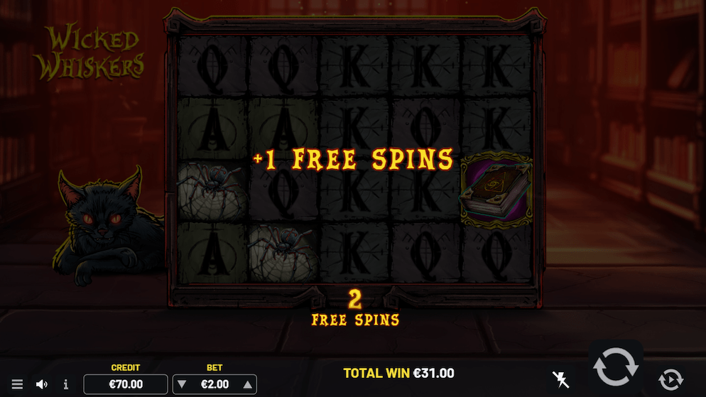 Wicked Whiskers online slot game interface during a free spins bonus round, showing a win of €31.00 and an extra free spin being awarded.