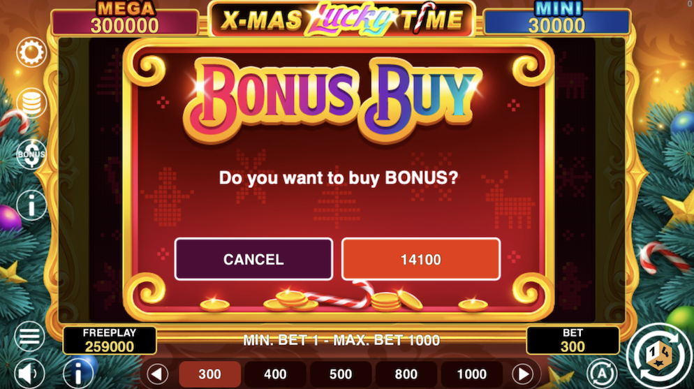 The Bonus Buy pop-up screen in Xmas Lucky Time Hold and Win, offering players the option to purchase direct entry into the bonus round.