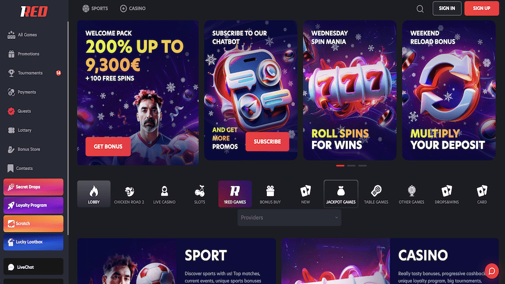 The 1RED Casino homepage displaying the "Welcome Pack" offer of 200% up to €9,300 plus 100 free spins, set against a dark, sleek background with game categories visible.