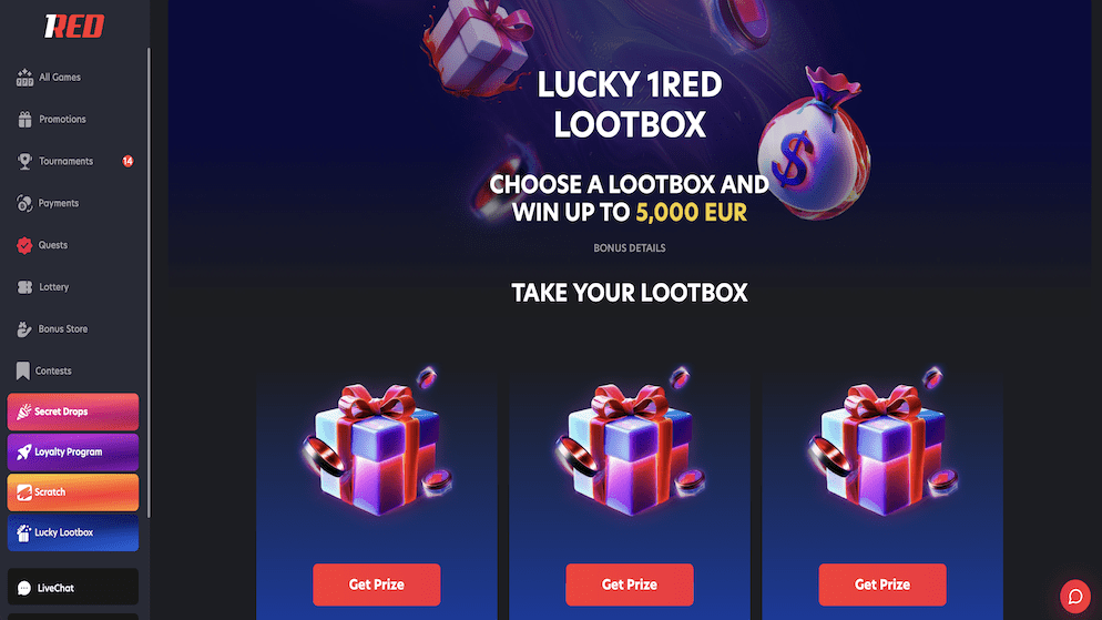 The "Lucky 1RED Lootbox" screen displaying three mystery gift boxes and a money bag, offering a chance to win up to €5,000.