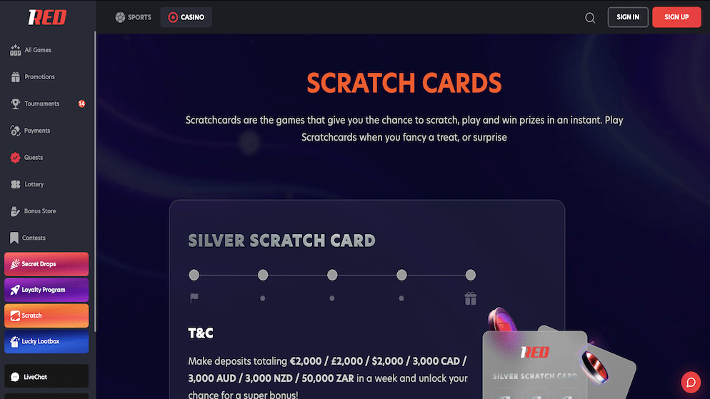The "Lucky 1RED Lootbox" screen displaying scratch cards