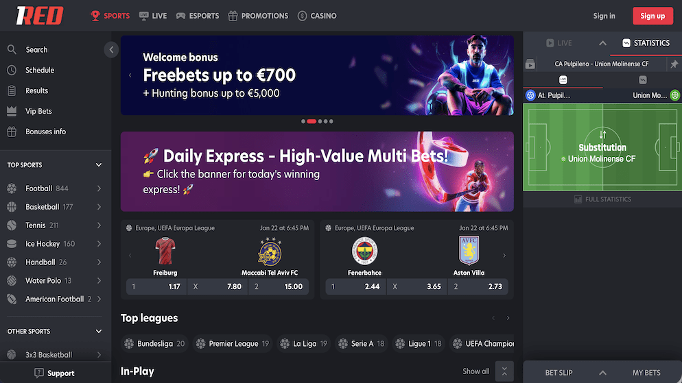 The 1RED Sportsbook dashboard showing live odds for football matches, a "Daily Express" multi-bet promotion, and a virtual football field visualization.