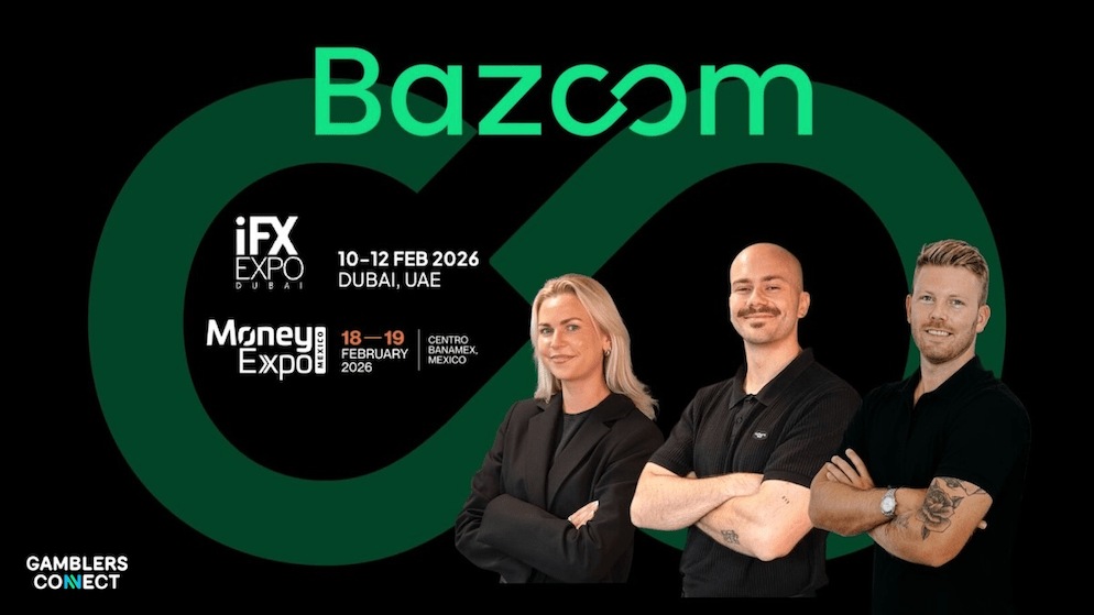 Promotional graphic for Bazoom Group at iFX EXPO Dubai 2026, highlighting their organic traffic strategies and exclusive referral program.