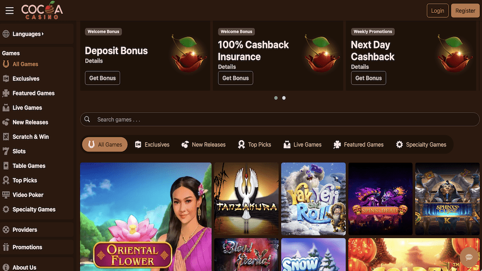 The homepage of Cocoa Casino
