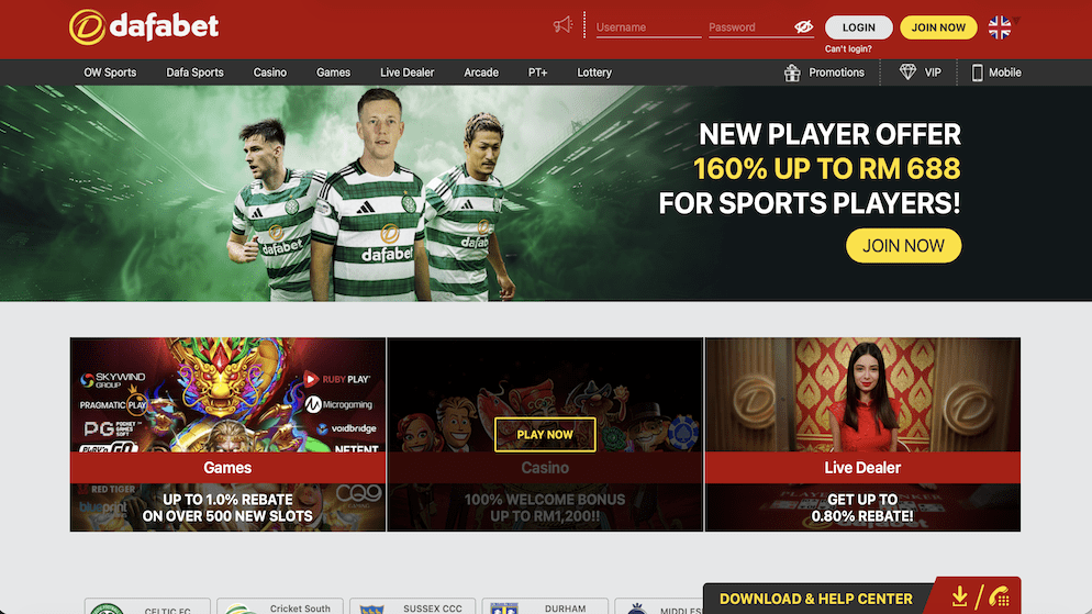 The Dafabet homepage displayed on a screen, featuring Celtic FC players, a 160% welcome bonus offer, and navigation tabs for OW Sports, Dafa Sports, and Casino.
