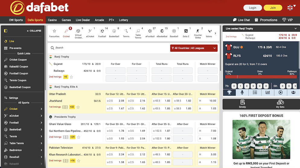 The "Dafa Sports" betting dashboard showing live in-play cricket odds for the Ranji Trophy, featuring a clean layout with match statistics and a bet slip.