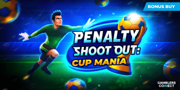 Promotional artwork for Evoplay's new instant game, Penalty Shoot-out: Cup Mania. The image features a football stadium atmosphere, a goalkeeper defending the net, and highlights the game's high-volatility x3000 maximum win potential