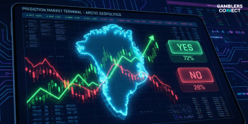 A futuristic digital map of Greenland glowing in neon blue with overlaying financial trend lines and 'Yes/No' voting buttons, symbolizing the geopolitical betting market.