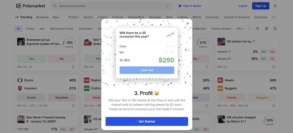 A "Profit" confirmation pop-up window on the Polymarket interface showing a $250 cash out on a "US Recession" market, demonstrating how shares are redeemed for value.