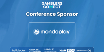 Promotional banner featuring the logos of Mondoplay and Gamblers Connect on a blue background as a sponsor at the upcoming ICE and iBG.