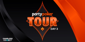 The official orange and white "partypoker TOUR DAY 3" logo set within a diamond graphic against a black background with orange accents, as featured in the Gamblers Connect news article.