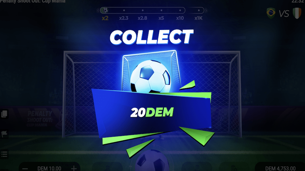 A "Collect" screen displaying a football in the net and a cash prize notification, signifying a successful penalty kick and payout.