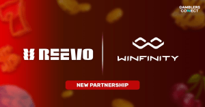 A promotional banner displaying the REEVO logo alongside the Winfinity logo on a red background with falling gold coins, announcing the "New Partnership."