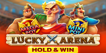 Official announcement banner for Lucky Arena Hold & Win featuring gladiator characters and golden jackpot coins.