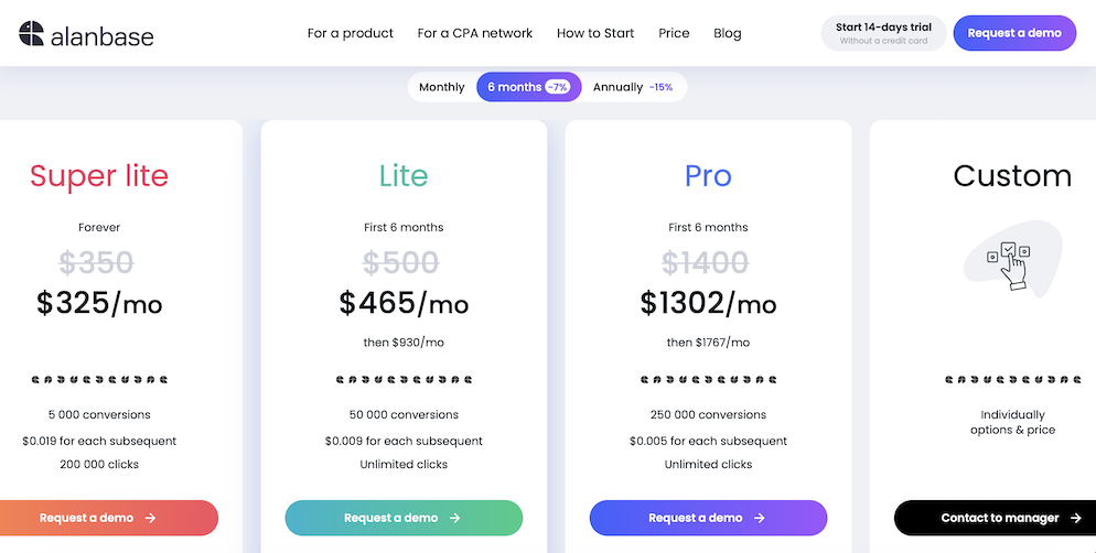 A screenshot depicting the pricing of the packages at Alanbase